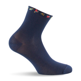 1 paire de socquettes en fil d’Écosse marine avec bord côte fleuri.