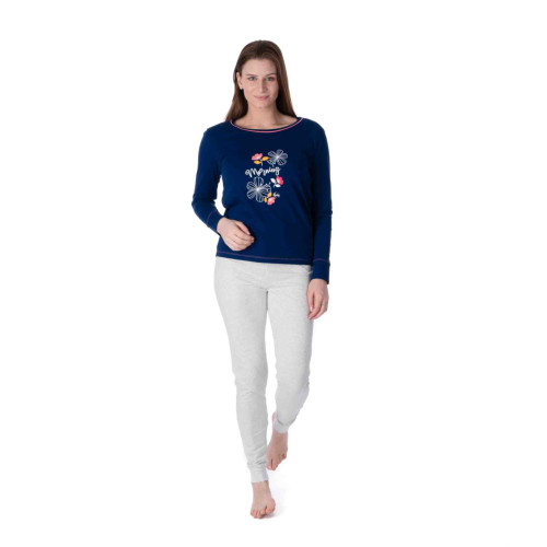 Pyjama femme en coton peigné fleurs placées