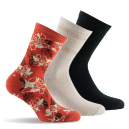 Lot de 3 mi- chaussettes femme fantaisies en coton fleurs, pois et unies