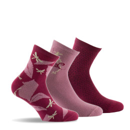 Lot de 3 paires de socquettes fantaisies en coton libellules, arabesque et unie coloris bordeaux