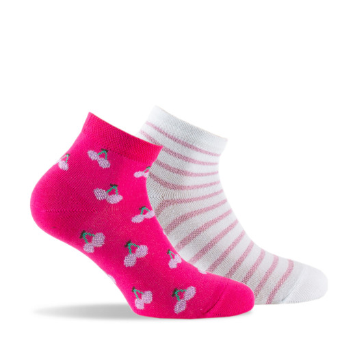 Lot de 2 paires de socquettes enfant semis de cerises et rayures rose blanc.