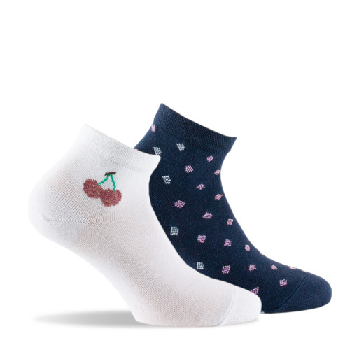 Lot de 2 paires de socquettes enfant cerises et pois blanc marine.