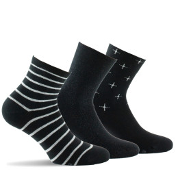 Lot de 3 paires de socquettes rayures, unie et étoiles filantes noir