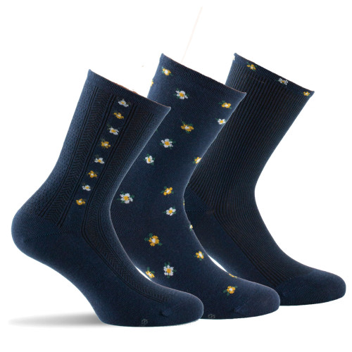 Lot de 3 paires de mi- chaussettes baguette, liberty et bord côte fleuri coloris marine.