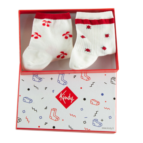 Coffret de 2 paires de socquettes femme fabrication française, écru rouge.