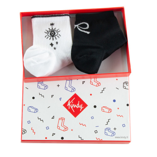 Coffret de 2 paires de socquettes en coton fabrication française blanc et noir.